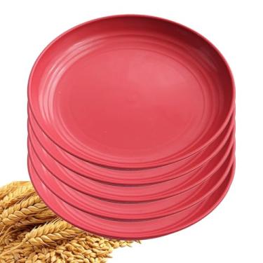 Imagem de YuanQ Conjunto de pratos de jantar com 5 peças, inquebrável, reutilizável, leve, placa de borda lisa, lavável na lava-louças e no micro-ondas (vermelho, 23 cm)