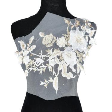 Imagem de Carytalee 1 peça de tecido 3D de renda branca com flores bordadas, apliques de contas, remendos para decoração de vestido de noiva de casamento, decoração de roupas de costura, 33 x 25 cm