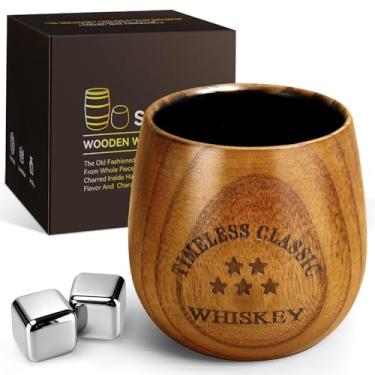 Imagem de SALUNA Conjunto de copos de uísque de madeira, copo de bourbon de madeira carbonizada, copos de uísque, presentes de bourbon para homens, pai ou irmão no aniversário, Natal, aniversário, aposentadoria