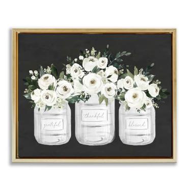 Imagem de Stupell Industries Arte de parede floral Farmhouse Jars Trio com moldura dourada flutuante, design por Lettered and Lined, 17 x 21