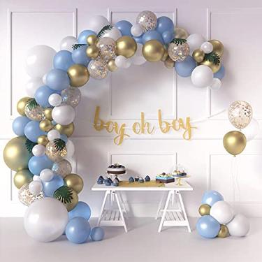 Imagem de Sweet Baby Co. Kit de arco de guirlanda de balões azul para meninos com decorações de folhas de vegetação, faixa Oh Boy, Confetes, Ouro Metálico, Branco e Balões Azul Bebê | Decoração de festa com elefante