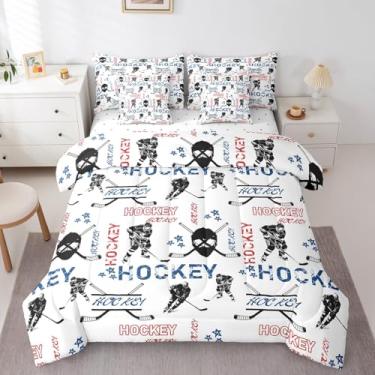 Imagem de Erosebridal Conjunto de edredom infantil de hóquei no gelo, com 7 peças, para eventos esportivos de inverno, para adolescentes, inverno, bola competitiva, troféu, jogo de gelo, colcha com lençol de