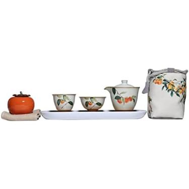 Imagem de Conjunto de chá retrô de caqui, conjunto de chá de cerâmica com 1 panela, 2 xícaras, 1 vasilha, 1 bandeja de chá e 1 saco de pano, conjunto de chá portátil para viagem