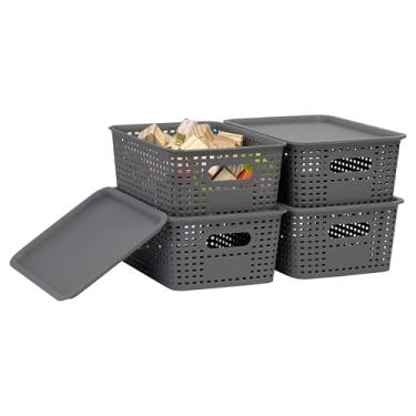 Imagem de Soddeph Cestas de armazenamento de plástico com tampas e alças, caixas organizadoras empilháveis com tampas para prateleiras, armários, cozinha, banheiro, quarto e sala de aula (cinza, pacote com 4)