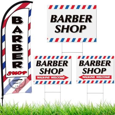 Imagem de Buryeah Placa de barbearia, 4 pacotes incluem 1 pacote com 1 kit de bandeira de penas, 3 pacotes de flechas direcionais de dupla face, placas de barbearia com estacas de metal para salão de beleza