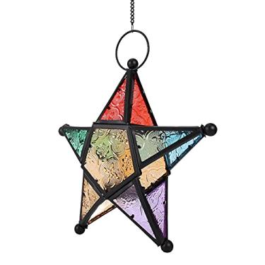 Imagem de Pssopp Lanterna Marroquina Estrela, Suporte de Vela Suspenso de Vidro Colorido, Lâmpada Tealight Decorativa Vintage para Uso Em Jardim Doméstico e Pátio (Preto)
