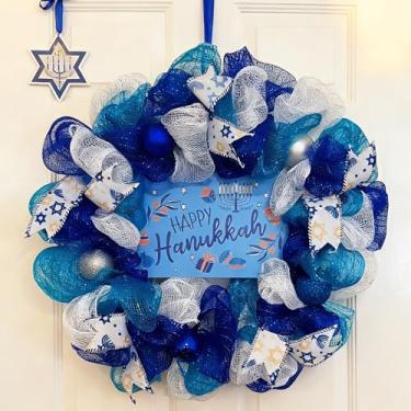 Imagem de Guirlanda de malha Happy Hanukkah, enfeite de bola azul e branca de 40,6 cm, decoração de Natal para porta da frente com menorá e estrela de Davi, decoração de chanucá de casa para casa, ambientes