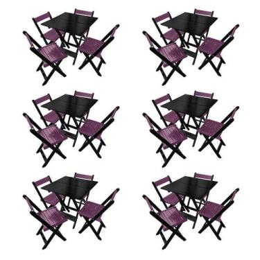 Imagem de Kit 6 Mesas De Madeira Dobrável Preto 70x70 Com 4 Cadeiras Dobráveis R