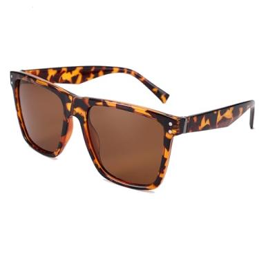 Imagem de Óculos de sol masculino feminino polarizado grande retrô armação quadrada, Estampa de leopardo brilhante marrom, 53MM