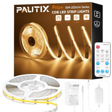 Imagem de Luz de tira COB LED 2700K, PAUTIX 24 pés/7,5 m Dimmable DC24V Luzes de tira de LED branco quente, Kit de luzes de fita de alto lúmen com função de temporizador remoto RF e fonte de alimentação 24V/2A para projeto de iluminação DIY doméstico