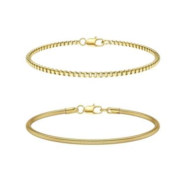 Imagem de 2 peças de pulseira de ouro masculina caixa empilhável pulseira de corrente de cobra para homens pulseiras masculinas aço inoxidável conjunto de pulseiras de corrente de elos de ouro conjunto de 20 cm