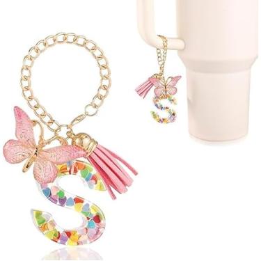 Imagem de Acessórios de copo com pingente de letra, decoração de copo de alfabeto fofo com alça de caneca, pingentes de decoração com borboleta, para Stanley Tumblers, mulheres, meninas, presente (P), Medium