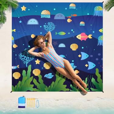 Imagem de Cobertor de praia 198 x 203 cm, adequado para 1 a 5 adultos, impermeável, à prova de areia, grande, leve, embalável, tapete de piquenique grande para praia, viagem, acampamento, piquenique, caminhada