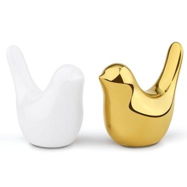 Imagem de NUKAYAI Estatueta de pássaros pequenos dourado e branco decoração de casa estátuas de animais pássaros estilo moderno ornamentos decorativos para mesa de escritório, armários, sala de estar, quarto