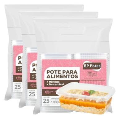 Imagem de Pote Descartável 1000ml Retangular Freezer Microondas Marmita Fit Com Tampa (75 Unidades)