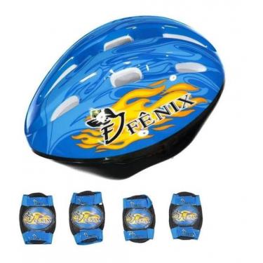 Imagem de Kit Proteção Juvenil Capacete com Joelheiras e Cotoveleiras FCB-09A Azul  Fenix