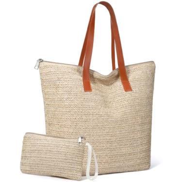 Imagem de hatisan Bolsa de praia de palha para mulheres bolsa de praia de tecido de verão bolsa de ombro bolsa boho, Tira - bege