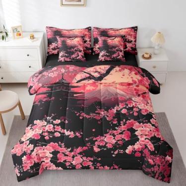 Imagem de Erosebridal Conjunto de edredom queen flor de cerejeira rosa com lençóis, estilo japonês oriental para crianças e adultos, conjunto de cama com cenário de montanha com elástico + lençol de cima,