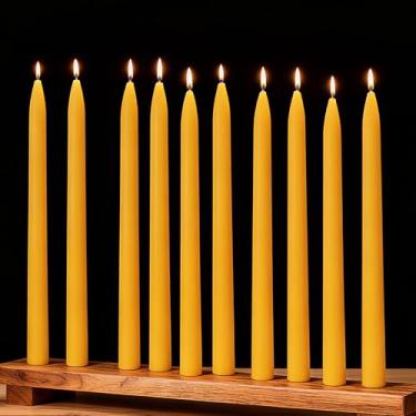 Imagem de AGLARY Pacote com 10 velas cônicas amarelas naturais de cera de abelha pura, 25 cm, sem cheiro com mechas de algodão – Caixa de papel reciclável purificadora de ar.