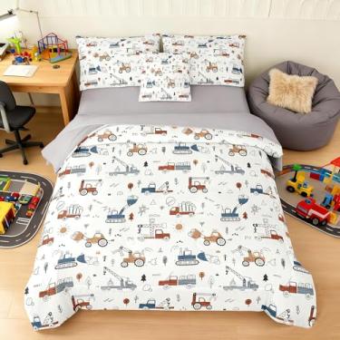 Imagem de Conjunto de edredom Queen, com desenho de 6 peças, caminhão, carros, escavadeira, trator, para meninos e crianças, cama de microfibra macia em uma bolsa com edredom, lençóis, fronha, capa