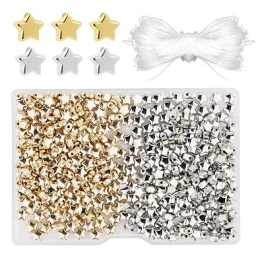 Imagem de Kit de 400 contas espaçadoras de estrelas, contas em forma de estrela de 0,23 polegadas com corda de miçangas, acessórios para fazer pulseiras, joias, colares, chaveiros, faça você mesmo (ouro, prata)