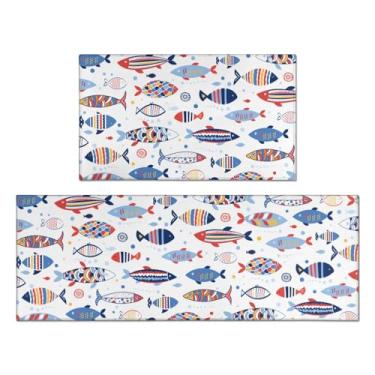 Imagem de Conjunto de 2 tapetes de cozinha de peixe fofos, estilo casa de fazenda, antiderrapante, lavável, decoração de cozinha de peixe, tapetes antifadiga para pia de cozinha, lavanderia, 43 x 76 + 43 x 118