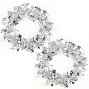 Imagem de Guirlanda de estrela, prata, 1,8 m com arame, 2 unidades de decoração festiva para festa de casamento de árvore de Natal