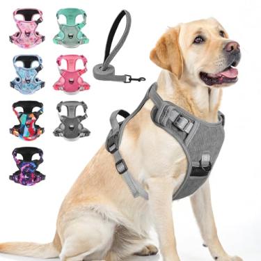 Imagem de BEAUTYZOO Peitoral para cães grande, ajustável e conjunto de coleira para cães – Fácil de usar com 3 fivelas/alça de controle, colete refletivo macio acolchoado para treinamento, caminhada, cinza, G