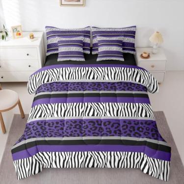 Imagem de Feelyou Conjunto de edredom e lençol com estampa de leopardo, 7 peças, com listras de zebra, roxo, preto, branco, zebra, leopardo, safári, animal de safári, conjunto de edredom com lençol Queen