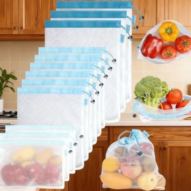 Imagem de Sacos de produtos reutilizáveis pacote com 12 (leves, transparentes), sacos de vegetais de malha de costura dupla com peso de tara nas etiquetas para compras e armazenamento de frutas, vegetais