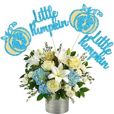 Imagem de Gyufise 12Pcs Little Pumpkin Centerpieces Sticks Double Sided Glitter Baby Feet Pumpkin Table Flower Centerpiece for Fall Theme Baby Shower Thanksgiving Halloween Party Supplies Blue