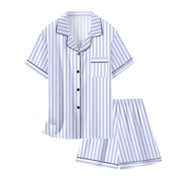 Imagem de Pijama Schbbbta Satin para meninas de manga curta de 5 a 6 anos, azul 