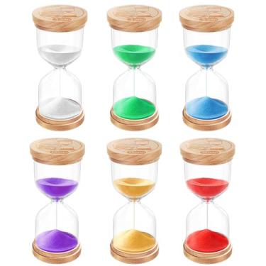 Imagem de Conjunto de temporizador de ampulheta de areia: relógio de areia de 1/3/5/10/15/30 minutos, relógio de areia de madeira colorido, temporizador de vidro pequeno para sala de aula, decoração de casa