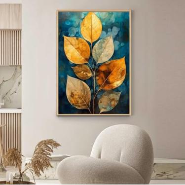 Imagem de Kit quadro decorativo 70x90 cm Abstrato Planta Folhas Dourada Azul Verde Decorativo Grande Sala Quarto Hall Escritório Cozinha Vertical