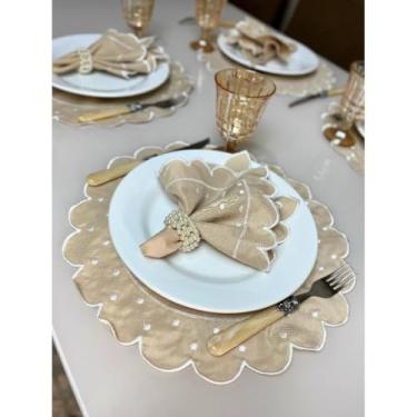 Imagem de Conjunto de 12 jogos americanos estilo americano Jogos americanos para uma mesa de jantar para 6 pessoas Arranjo de mesa Guardanapos redondos Mesa de jantar(Avelã Bolinhas Brancas)