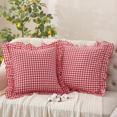 Imagem de YHJWW Capas de almofada Red Gingham 100% algodão lavado, como linho, macio, confortável, com babados, fazenda, conjunto de 2 fronhas para sofá-cama (45 x 45 cm, fecho de zíper)