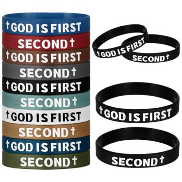 Imagem de Honoson 10 pulseiras cristãs Deus é a primeira inspiradora religiosa pulseiras de silicone a granel para adultos versículo bíblico pulseira Jesus Faith pulseira para homens mulheres família Natal