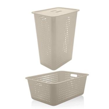 Imagem de Cesto Organizador De Roupas Grande E Caixa De Plástico Ou Bege Lavanderia Kte 007