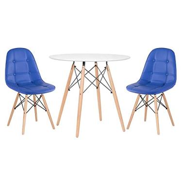 Imagem de Loft7, Mesa redonda Eames 80 cm branco + 2 cadeiras estofadas Eiffel Botonê Azul