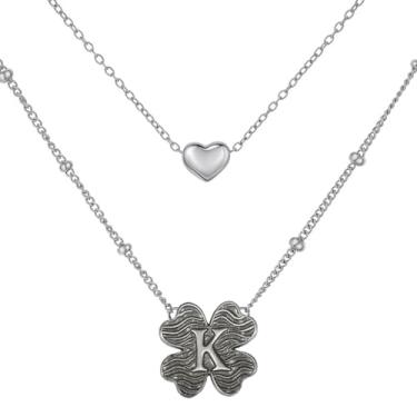 Imagem de MANZHEN Colar feminino com coração e trevo em camadas, inicial A-Z, design decorativo de elos de corrente, joias antigas, 18 Inches, Metal, Sem Pedra Preciosa