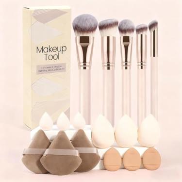 Imagem de Conjunto de 17 peças de pincéis de maquiagem e puff, fácil de limpar, para blush, maquiagem dos olhos e base (rosa)