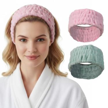 Imagem de Pacote com 2 faixas de cabelo macias de spa de pelúcia para mulheres, maquiagem facial, faixas de cabelo de tecido felpudo para chuveiro e cuidados com a pele