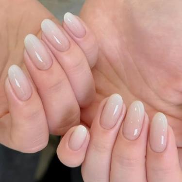 Imagem de Unhas postiças curtas médias redondas com cola falsa ombré, nude, branca, cobertura total, bastão falso artificial em unhas de acrílico para mulheres, casamento, 24 peças