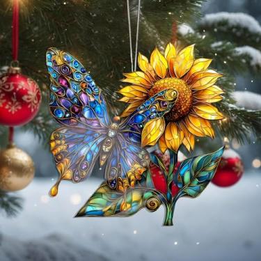 Imagem de Enfeites de flores de Natal para pendurar, decoração de férias, decoração de acrílico, decoração de interiores de carro, enfeite de árvore de borboletas para pendurar artesanato colecionáveis para