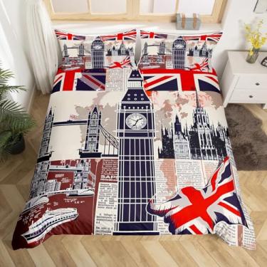 Imagem de Manfei Conjunto de capa de edredom de Londres King Size cabine telefônica Big Ben Bus estampa conjunto de roupa de cama 3 peças para crianças, meninos e adolescentes, bandeira britânica e estampa de mapa, capa de edredom moderna cidade com 2 fronhas