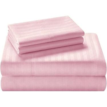 Imagem de WegaLinen Lençóis de algodão king size 400 fios macios refrescantes rosa listrados lençóis de ajuste fácil 50 cm bolsos profundos 4 peças lençóis de cama