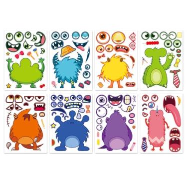 Imagem de 8 peças de adesivos fofos de monstro Make A Face, adesivos para lembrancinhas de festa, arte, artesanato, jogos, prêmios de atividade escolar, adesivos à prova d'água para meninas, meninos, crianças