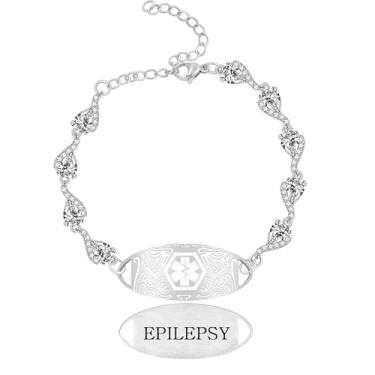 Imagem de Tobestu Pulseira de alerta médico de zircônia cúbica de corrente de coração - placa de identificação oval com padrão branco - joias personalizadas femininas YA5726, Adjustable, Latão, Zircônia cúbica