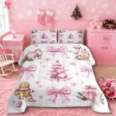 Imagem de Merry Christmas, conjunto de cama solteiro para meninas, com laço, pão de gengibre, árvore de Natal, floco de neve, inverno, para meninas, meninos, adolescentes, decoração de quarto rosa e branco para