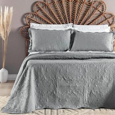 Imagem de Colcha Queen Angele Dupla Face 200 Fios Bordado 3 Peças - Cinza Lunar